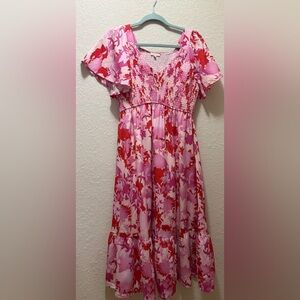 Like New, Pink & Red Floral Smocked Midi Dress, Size S